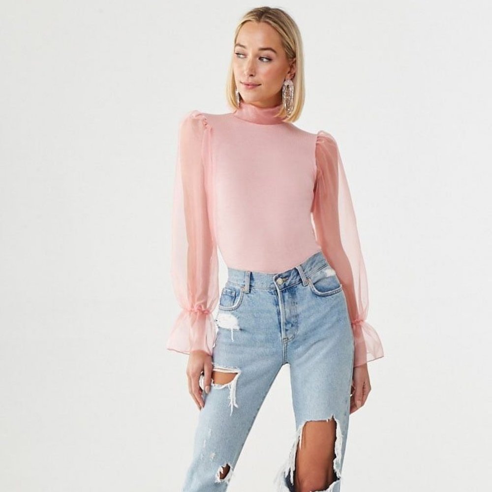 Mock Neck Sheer-Sleeve PINK Top